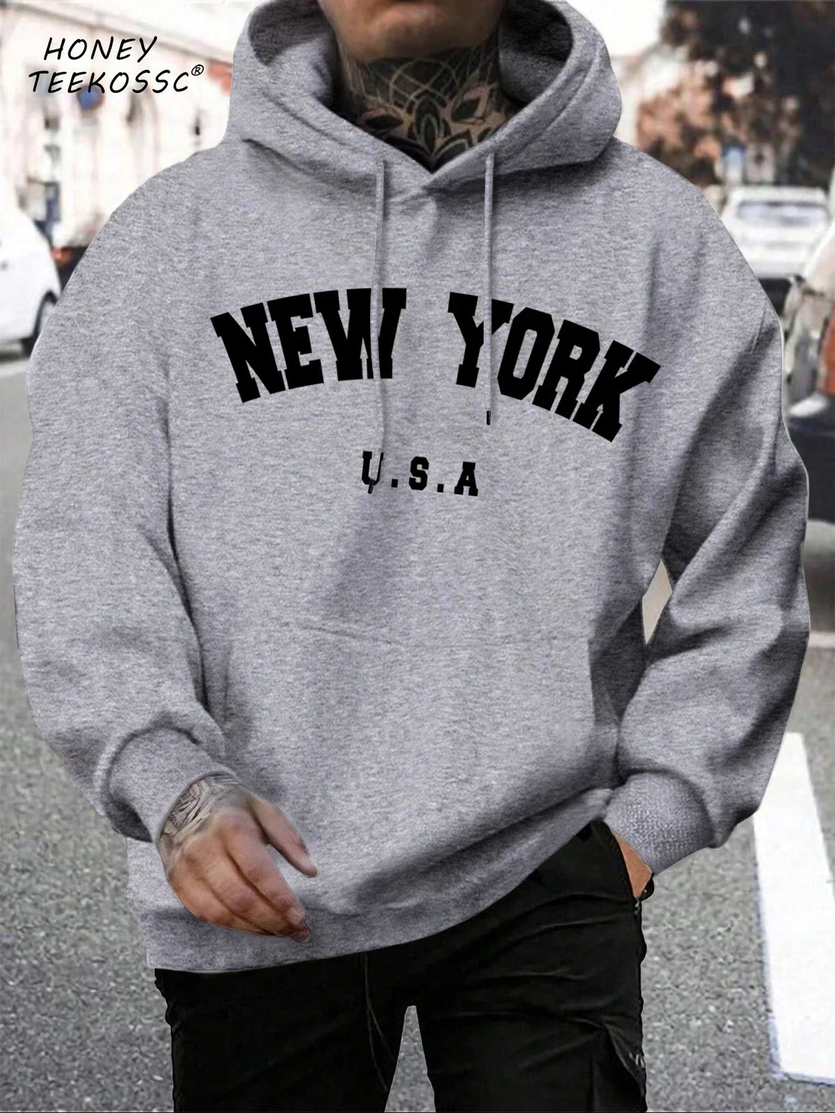 Men's long-sleeve graphic hoodie with drawstring hood and kangaroo pocket