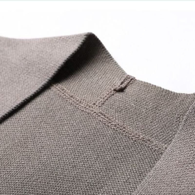 Men's striped knit cardigan with button front, long sleeves and patch pockets