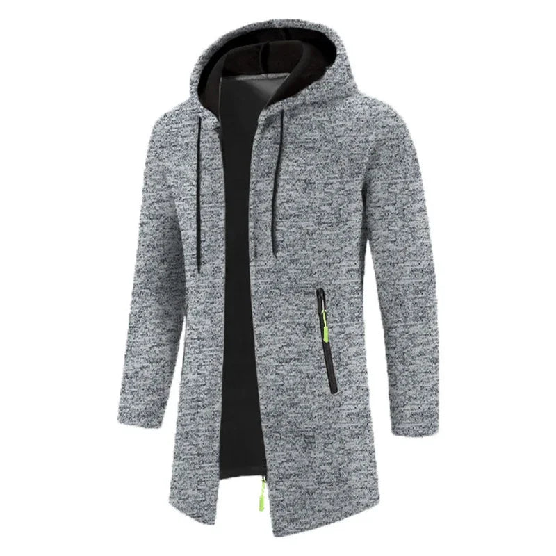 Men's long textured hooded jacket with full zip fastening and zipped pockets