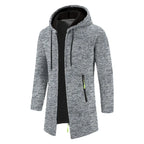 Men's long textured hooded jacket with full zip fastening and zipped pockets