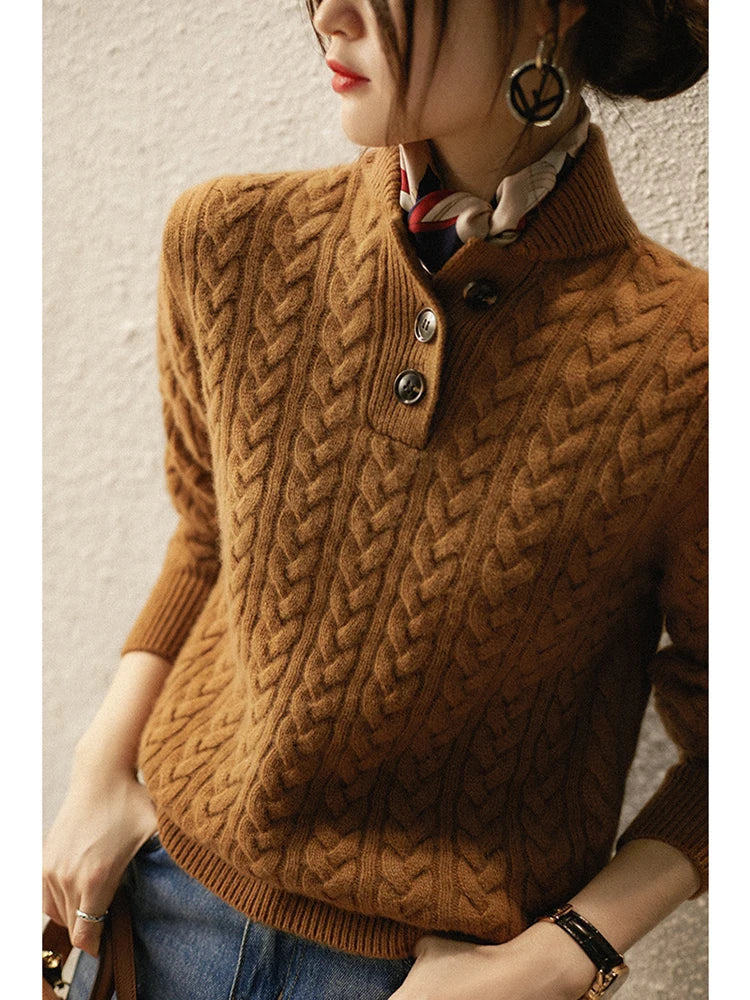 Women's cable knit sweater with buttoned stand collar and long sleeves