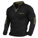 Men's black mock neck sweatshirt with button placket, chest pocket and contrast elbow patches