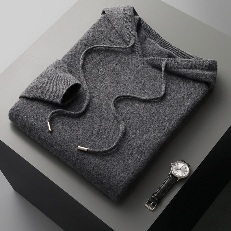 Men's plain hooded sweater with drawstrings and ribbed trims