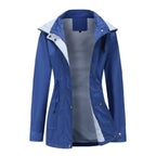 Women's hooded long-sleeved trench coat with zip front and pockets