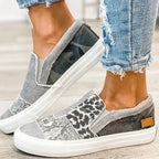 Women's patterned slip-on loafers with round toes and flat white soles
