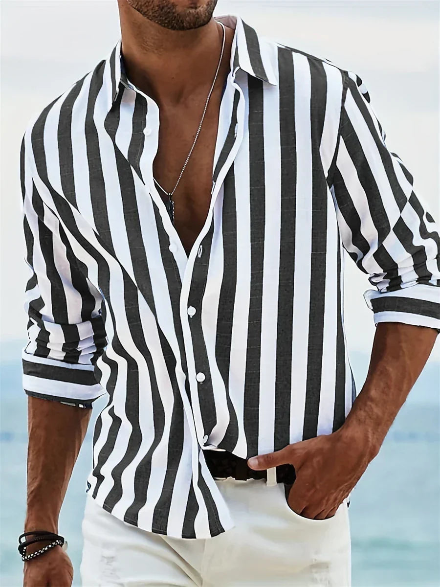 Men's vertical striped shirt with collar and rolled long sleeves