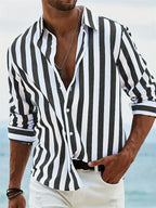 Men's vertical striped shirt with collar and rolled long sleeves