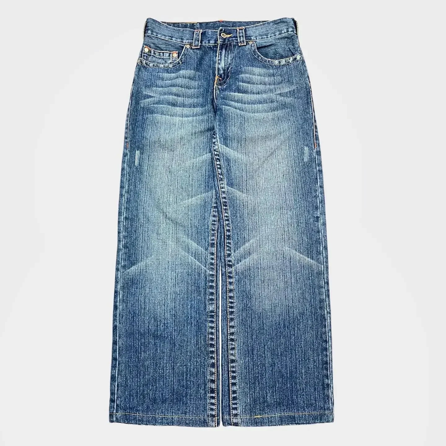 Blue Batman graphic jeans with wide legs and rear pocket patches