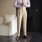 Men's high rise pleated straight leg trousers with side pockets