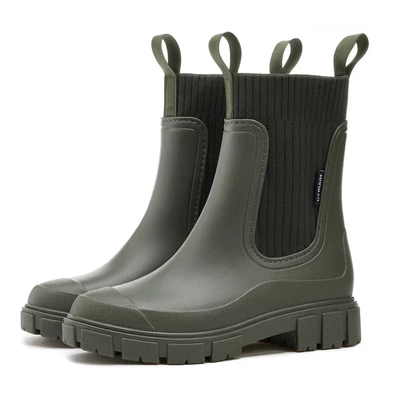 Women's Chelsea rain boots with elasticated side panels and chunky lug soles