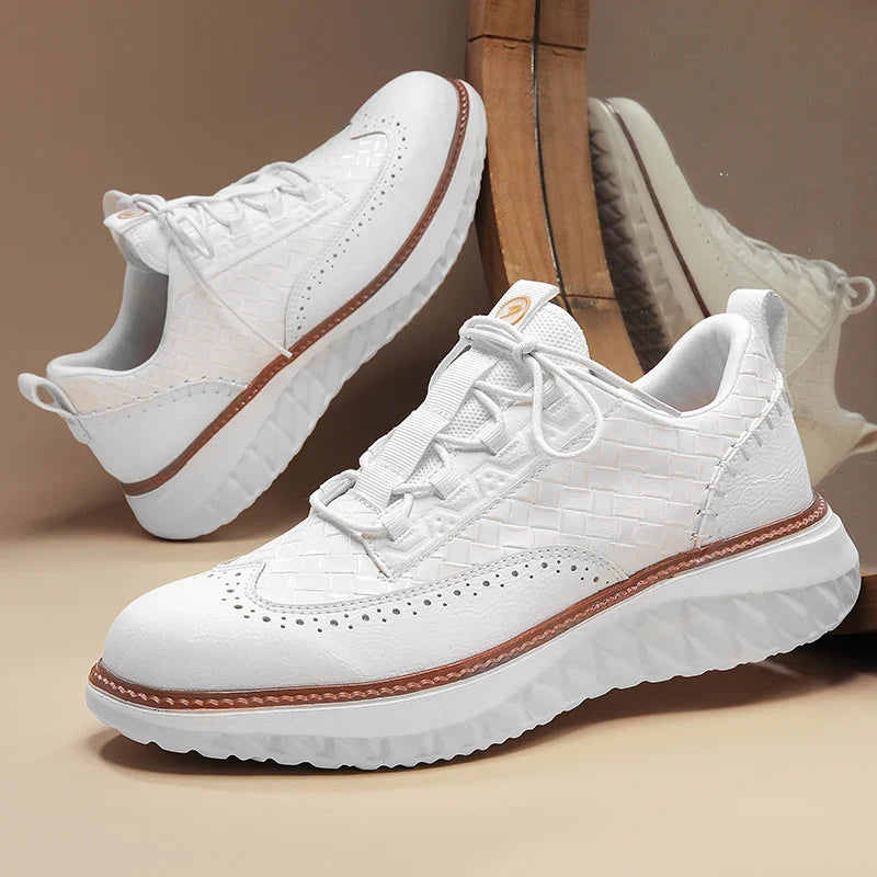 Textured lace-up sneakers with rounded toe and contrast sole trim