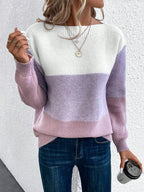 Women's color block knit jumper with crew neckline and long sleeves