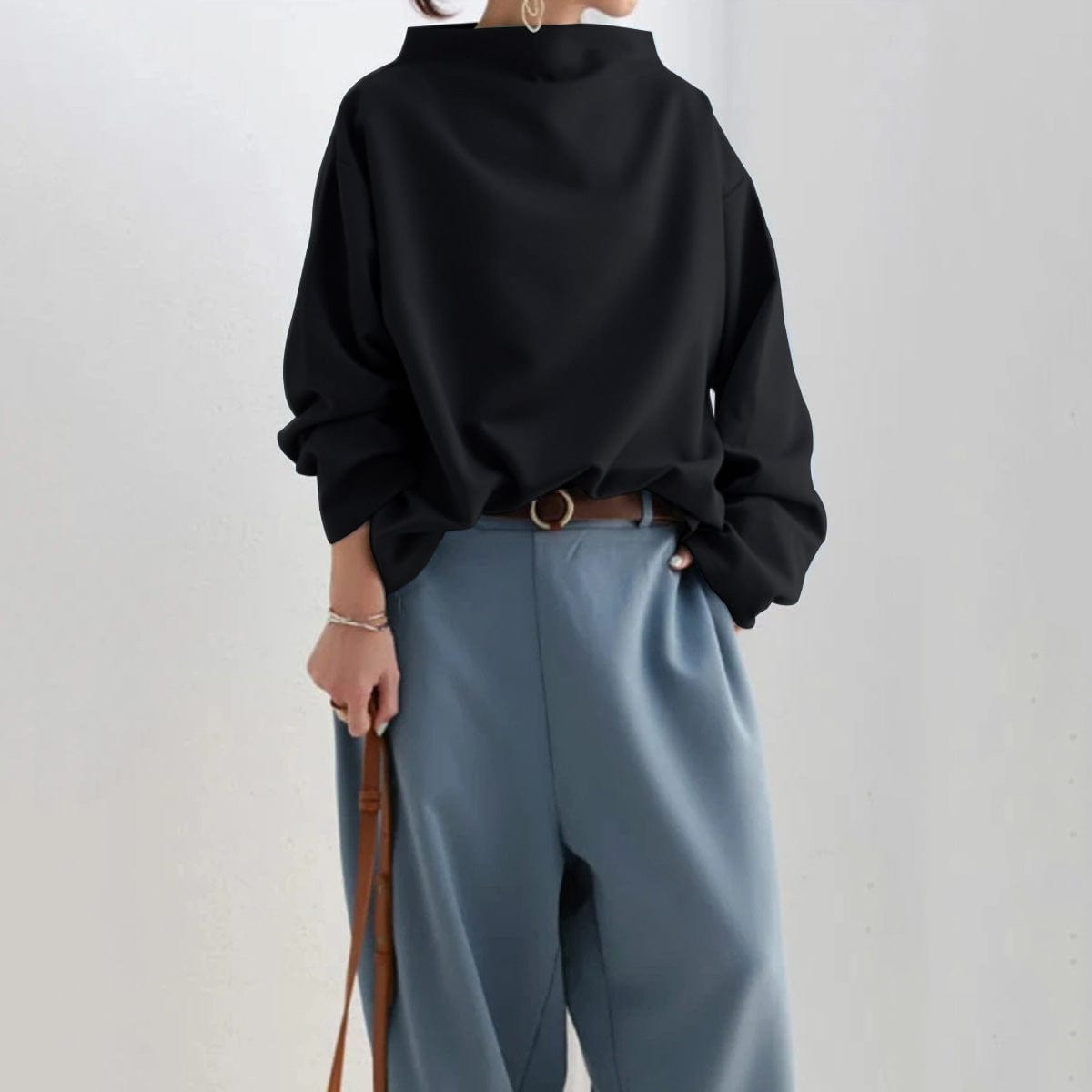 Women's plain high neck top with long sleeves and relaxed fit