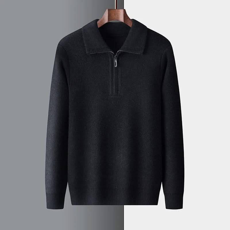 Men's plain quarter zip sweater with knitted collar and ribbed trims