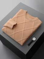 Long-sleeve diamond pattern crew neck sweater with ribbed trims