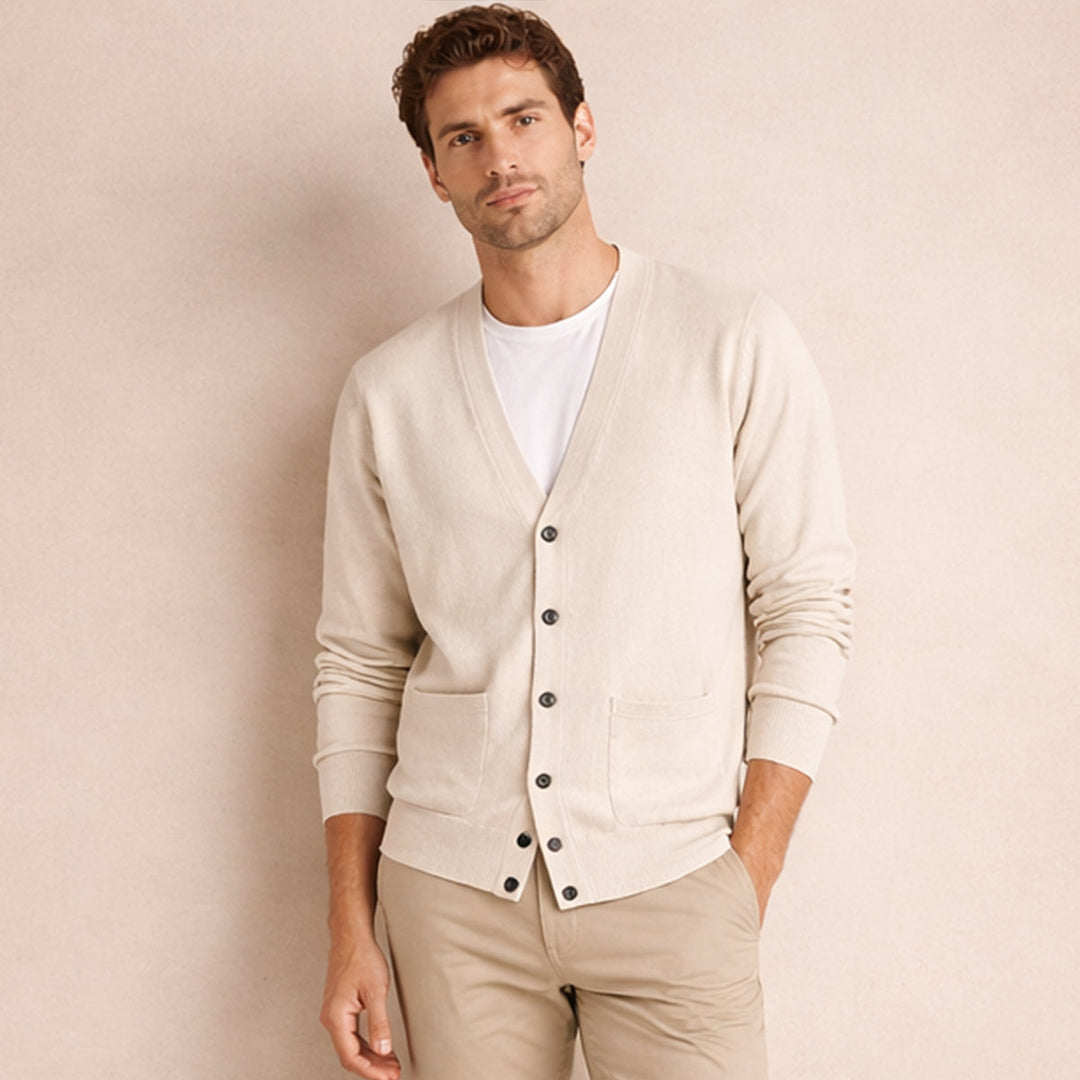 Men's V-neck button cardigan with long sleeves and front patch pockets