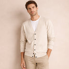 Men's V-neck button cardigan with long sleeves and front patch pockets