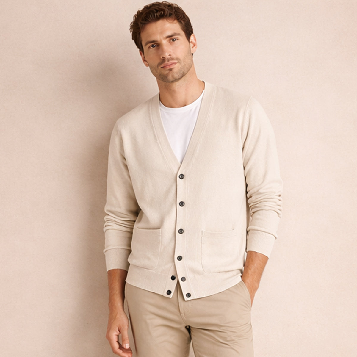 Men's V-neck button cardigan with long sleeves and front patch pockets