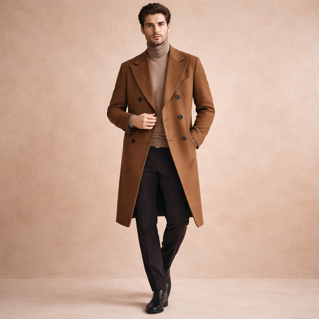 Men's double-breasted long coat with notched lapels