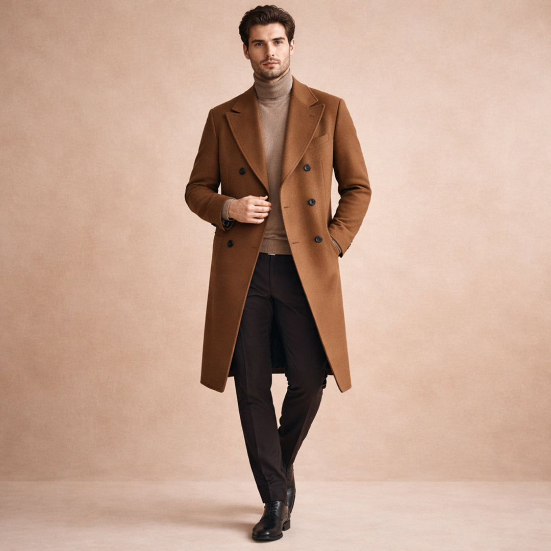 Men's double-breasted long coat with notched lapels