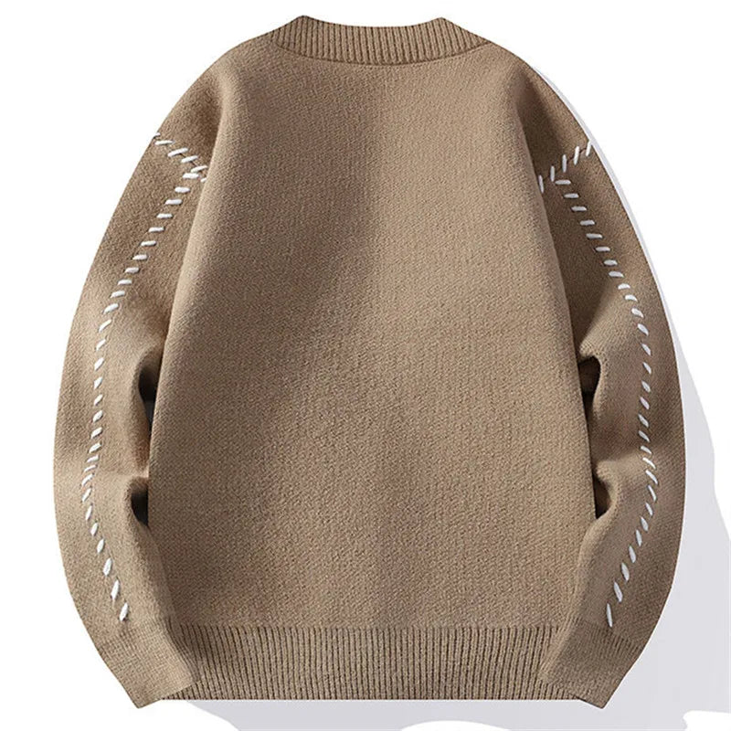 Textured button-front cardigan with V-neckline and contrasting stitched details