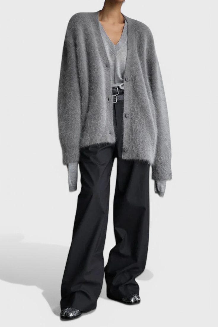 Women's relaxed fuzzy knit V-neck cardigan with buttons