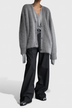 Women's relaxed fuzzy knit V-neck cardigan with buttons