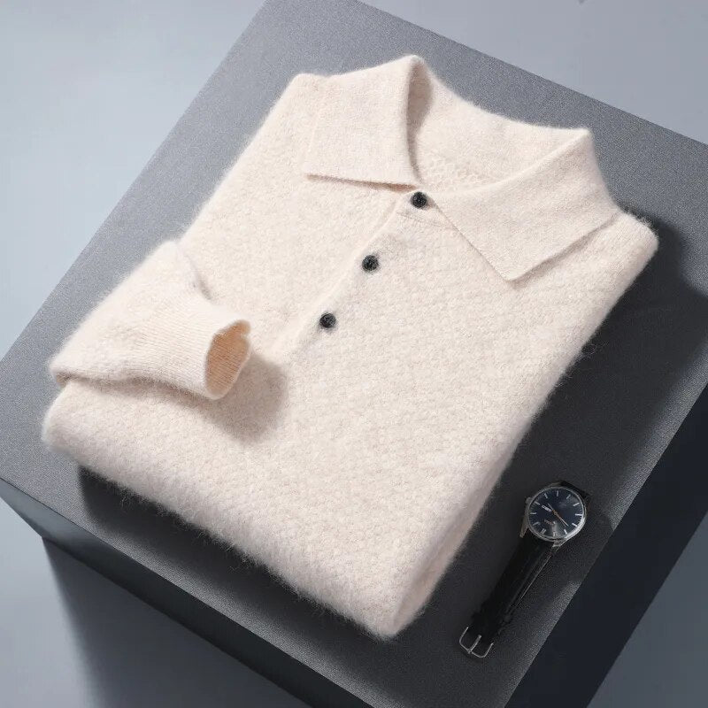 Men's textured polo sweater with collar and button placket