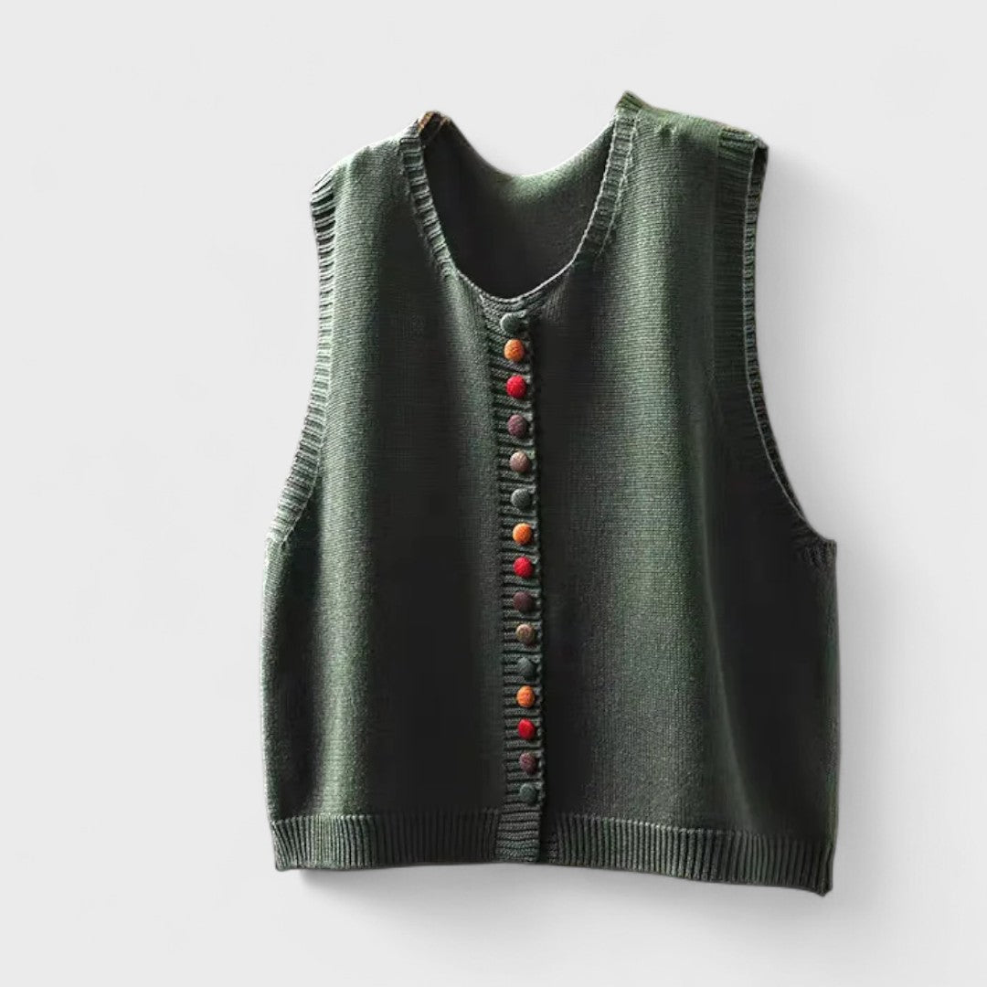 Women's sleeveless V-neck knit vest with colourful buttons