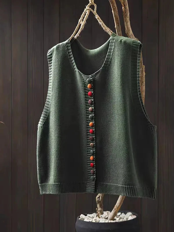 Women's sleeveless knit vest with V-neck and colorful buttons