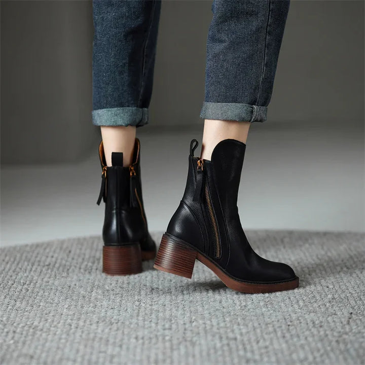 Women's ankle boots with side zips, rounded toes and block heels