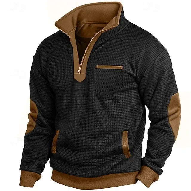 Men's textured quarter-zip sweatshirt with mock neck and contrast panels