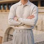 Men's cable knit polo sweater with long sleeves