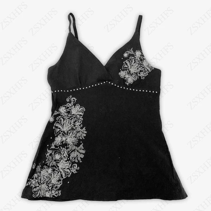 Black floral cami top with V-neckline and spaghetti straps