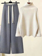Women's ribbed knit set with turtleneck sweater and wide-leg trousers