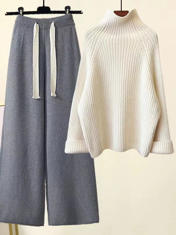 Women's ribbed knit set with turtleneck sweater and wide-leg trousers