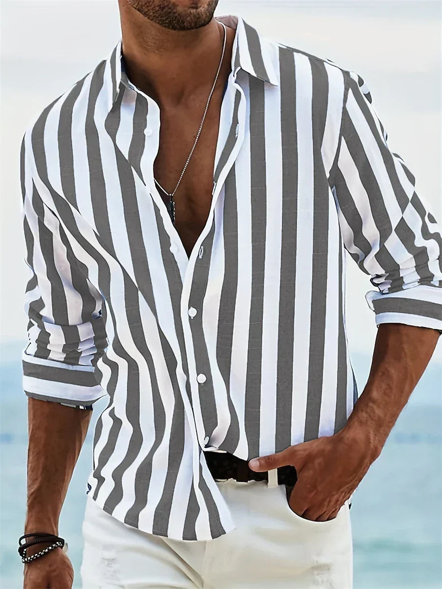 Men's vertical striped shirt with collar and rolled long sleeves