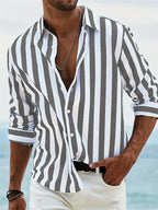 Men's vertical striped shirt with collar and rolled long sleeves