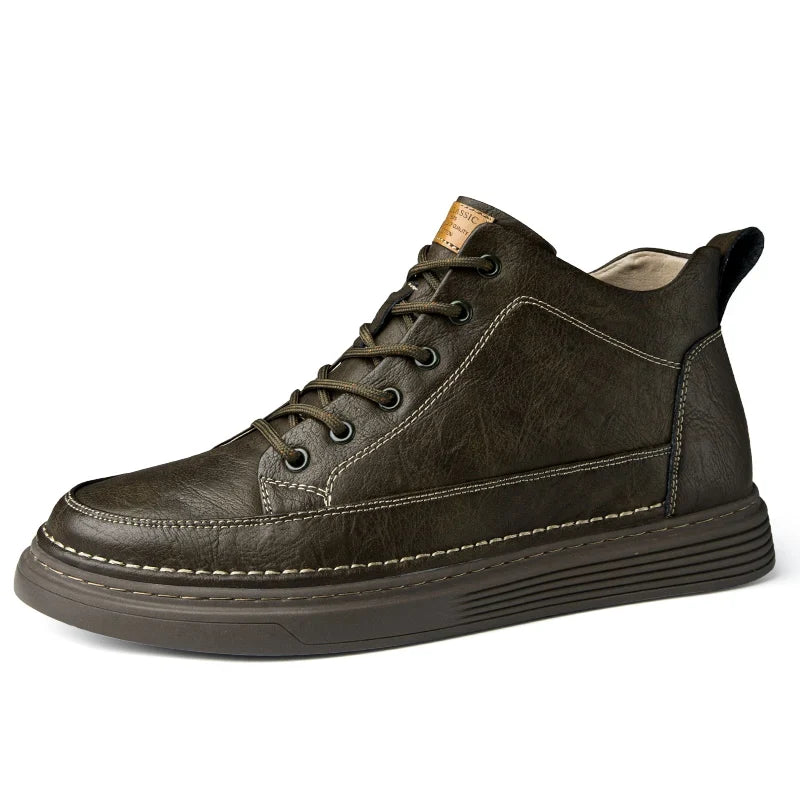 Men's lace-up ankle boots with stitched panels and platform sole