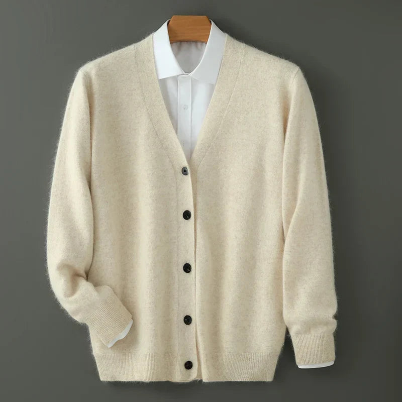 Men's V-neck button cardigan with long sleeves and ribbed trims