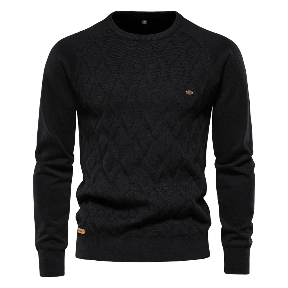 Men's argyle knit crew neck sweater with long sleeves and ribbed trims