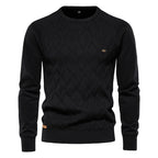 Men's argyle knit crew neck sweater with long sleeves and ribbed trims