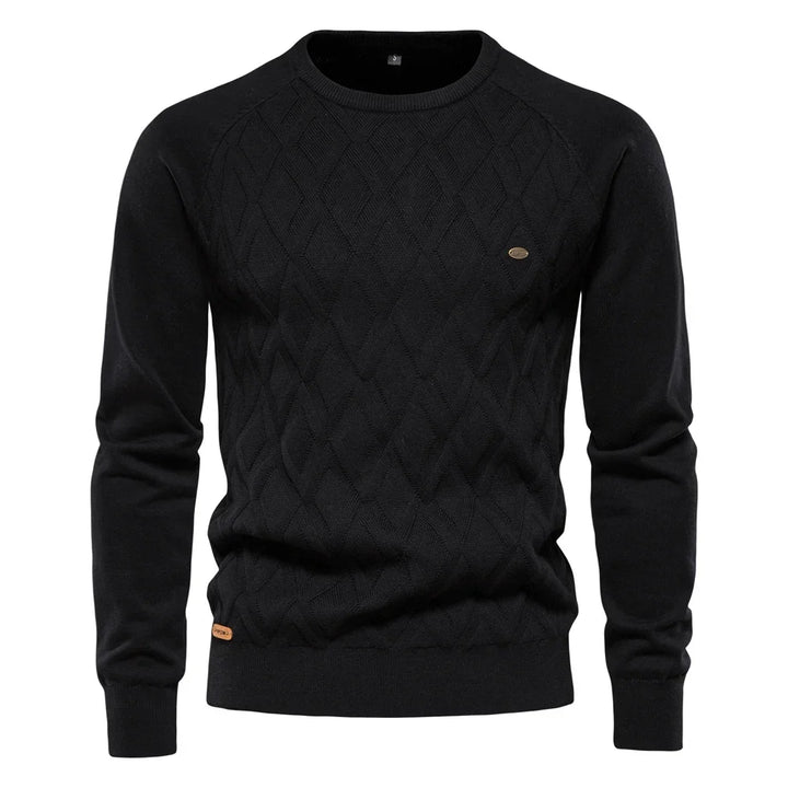 Men's argyle knit crew neck sweater with long sleeves and ribbed trims
