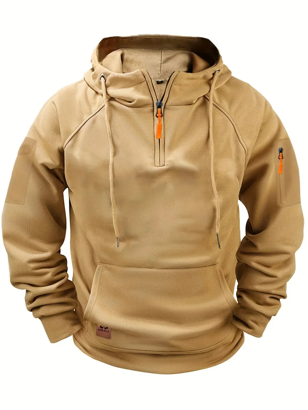 Men's solid hooded zip hoodie with drawstrings, long sleeves and front pouch pocket