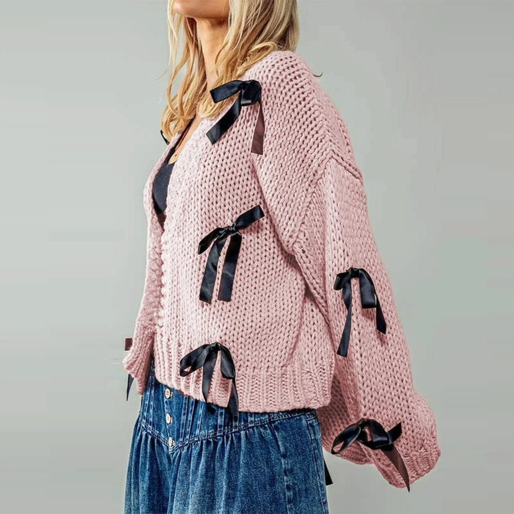 Women's knitted cardigan with ribbon bow ties and long sleeves
