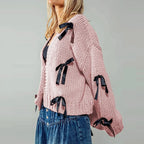 Women's knitted cardigan with ribbon bow ties and long sleeves