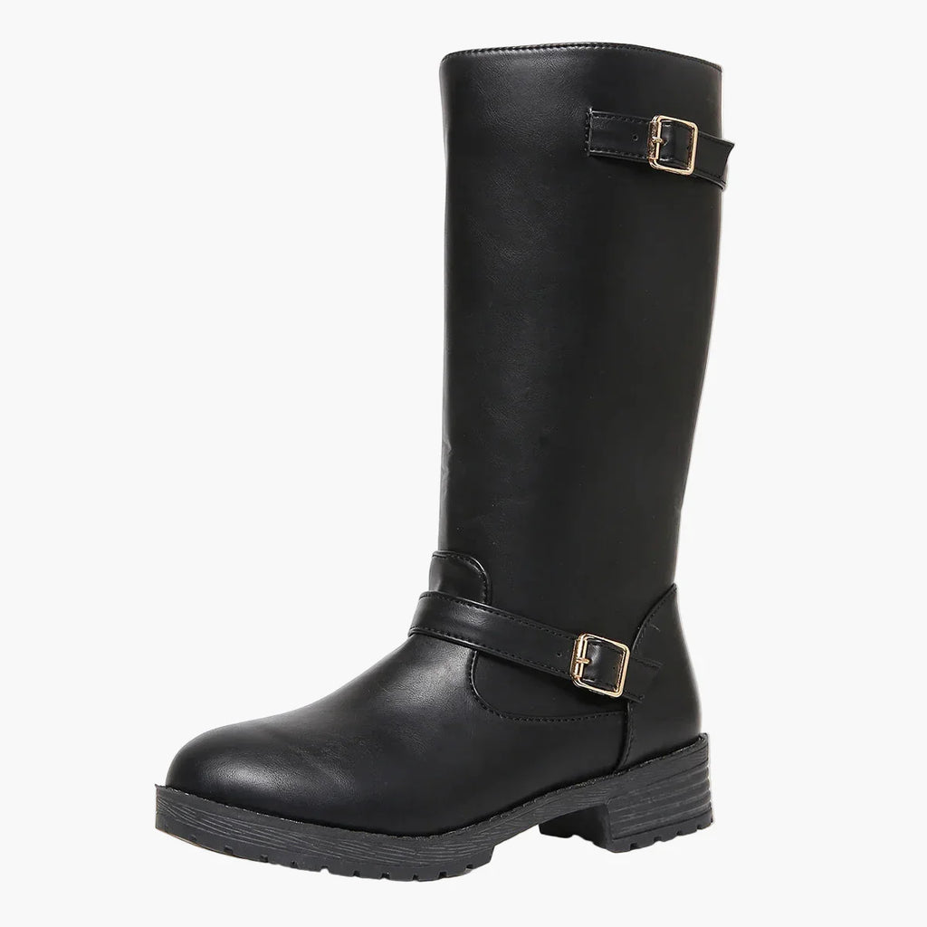Women's black knee high boots with buckles and low heel