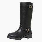 Women's black knee high boots with buckles and low heel