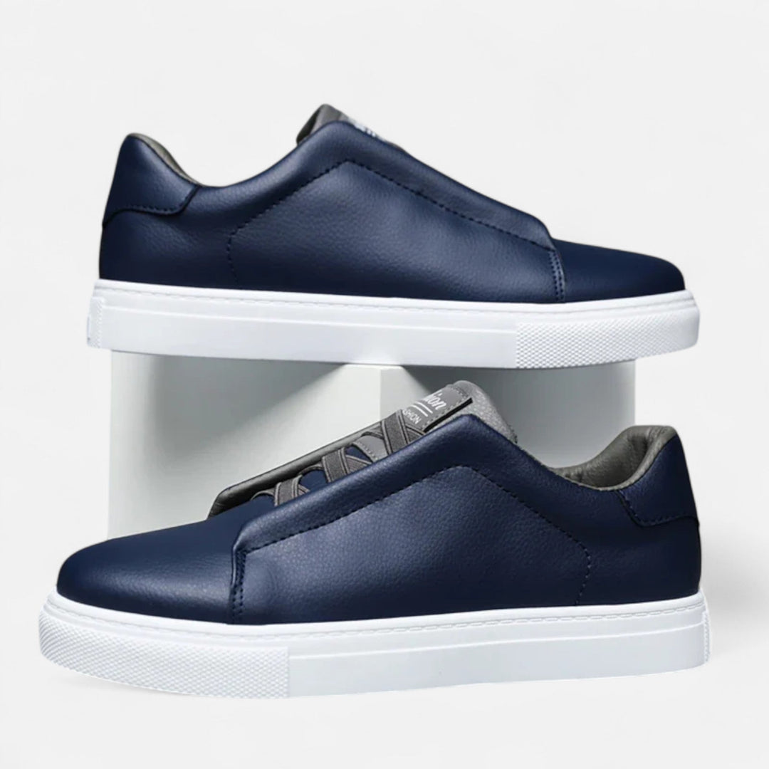 Men's low-top lace-up sneakers with panelled upper and flat white sole