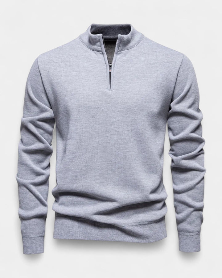 Men's long-sleeve quarter-zip jumper with ribbed mock neck and cuffs